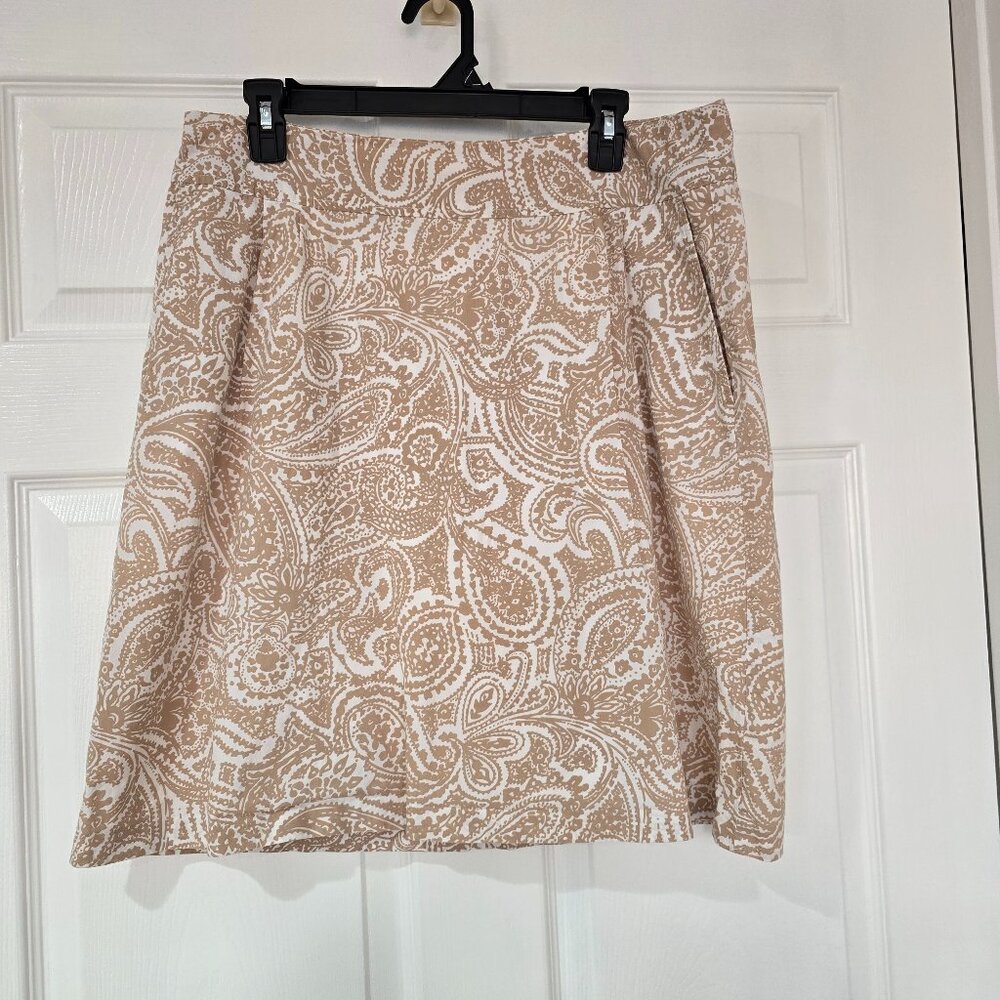 Lands' End Lined Paisley‎ Skirt Cotton Tan White Zip Pockets Size 12
